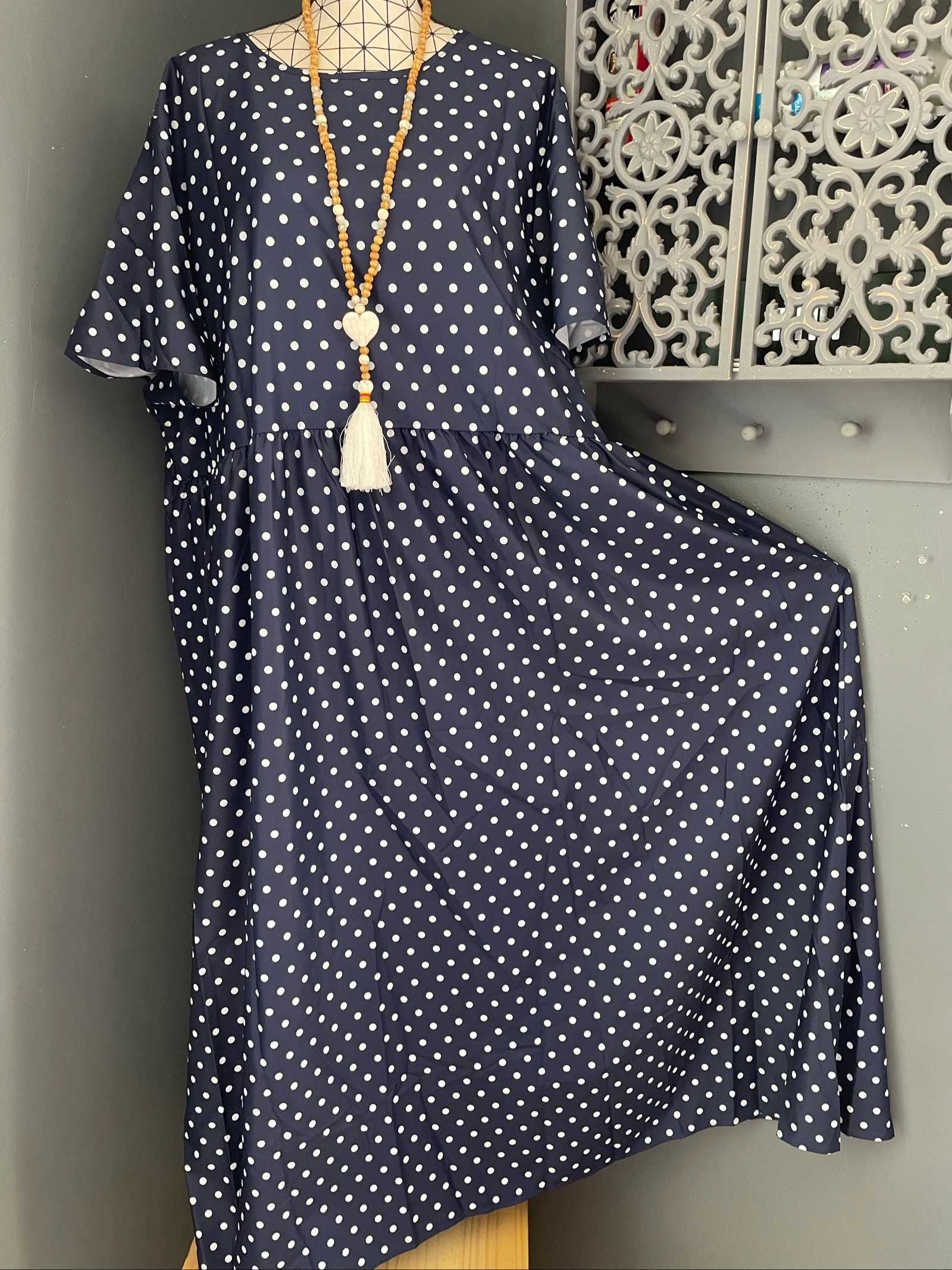 💖 vestido longo azul marinho com poás brancos plus size 54 fluido chique mangas curtas 💖 – photo 2